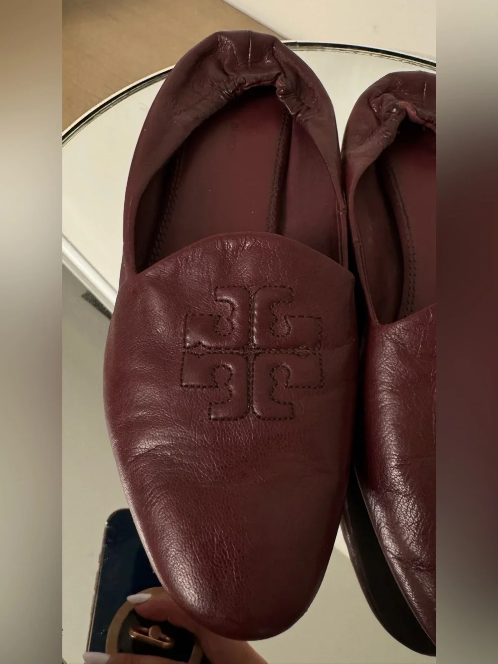 Tory Burch Burgundy Leather Logo Ballet Flats